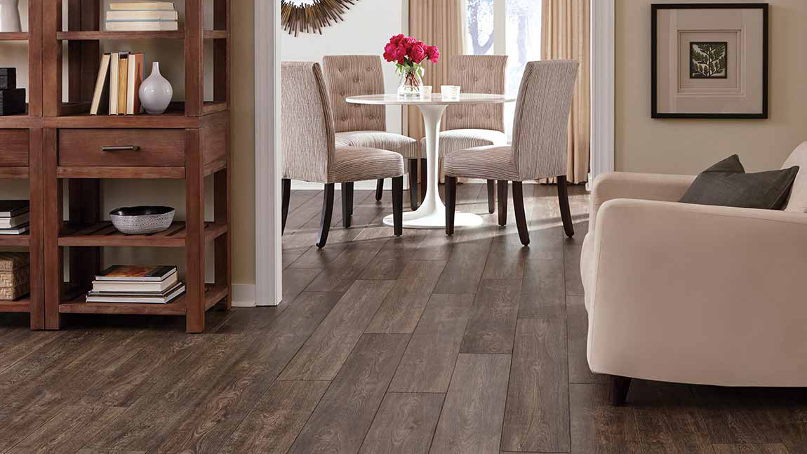 Laminate flooring in a dining room.