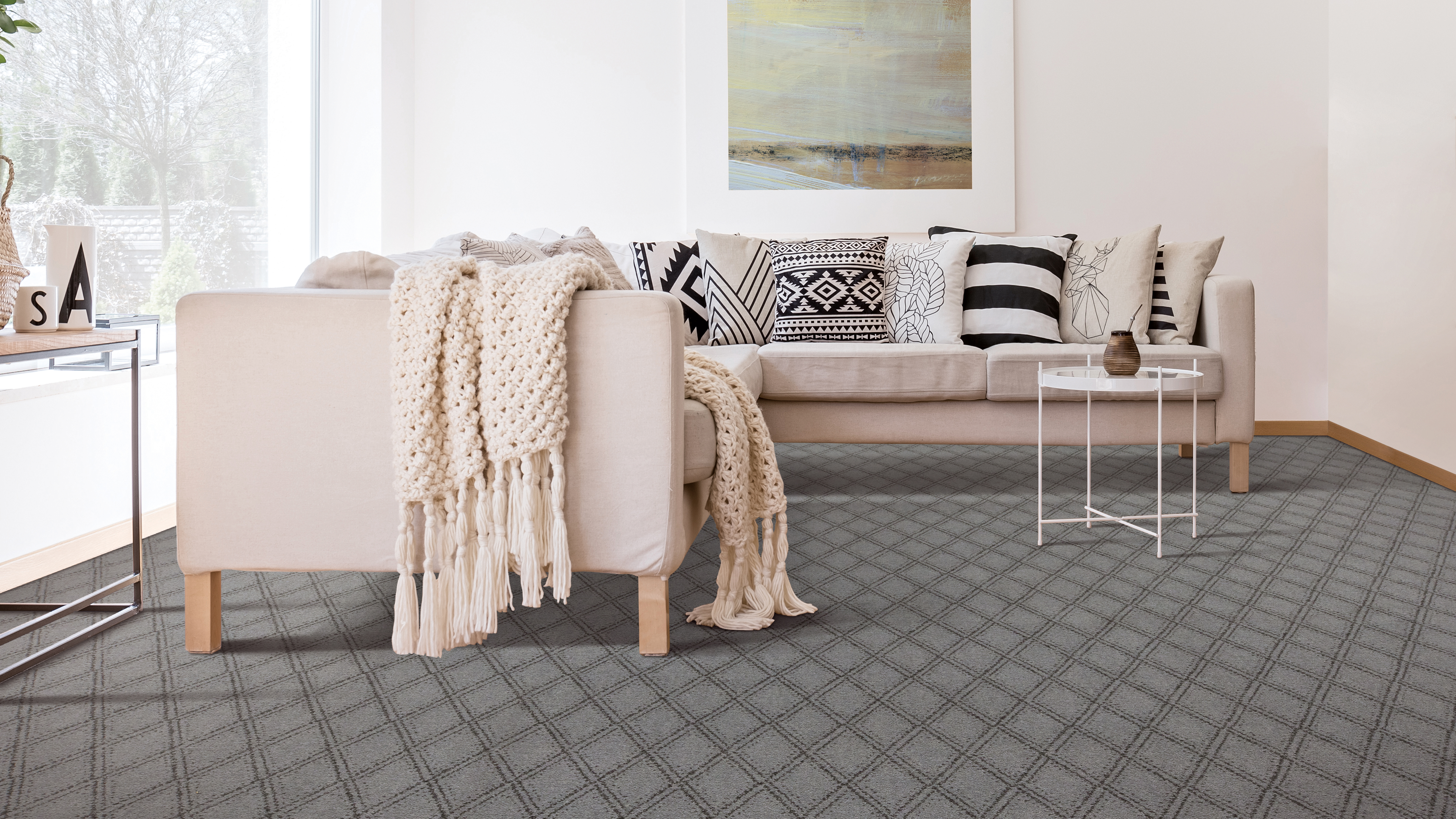 Carpet in a living room, installation services available.